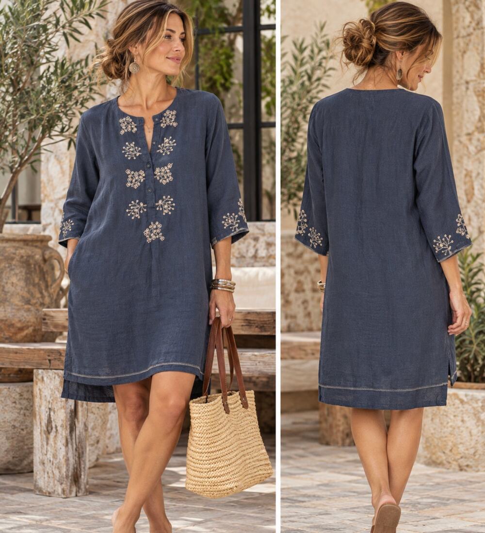 Neeru Kumar Linen Tunic Dress Blue L Artisan Lagenlook Art To Wear Boho Indie